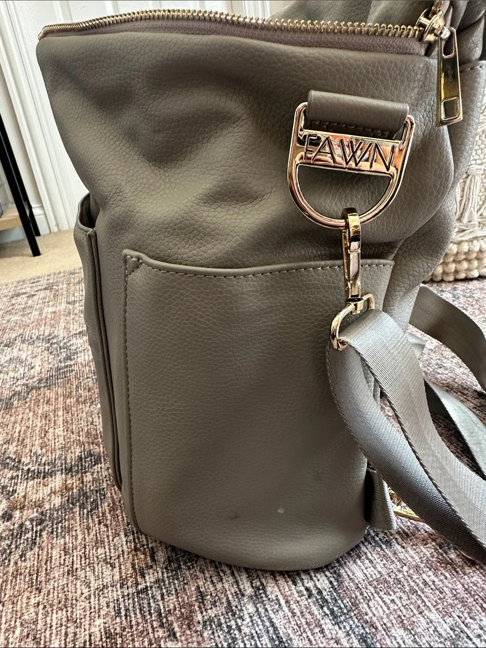 Fawn Design Light Grey Baby Bag Backpack with Gold Hardware